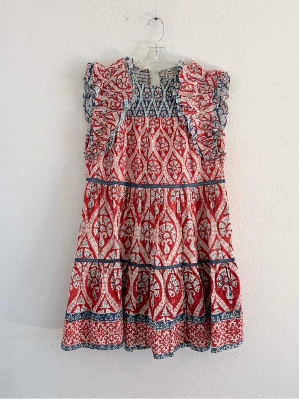 Ash & Eden Olga Red and Blue Printed Ruffle-Sleeve Dress